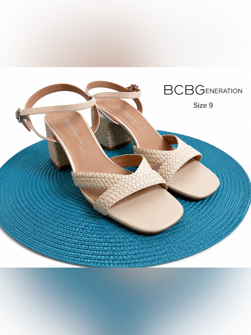 BCBGeneration Braided Block Heel Ankle Strap Sandals Size 9 Nude/Beige